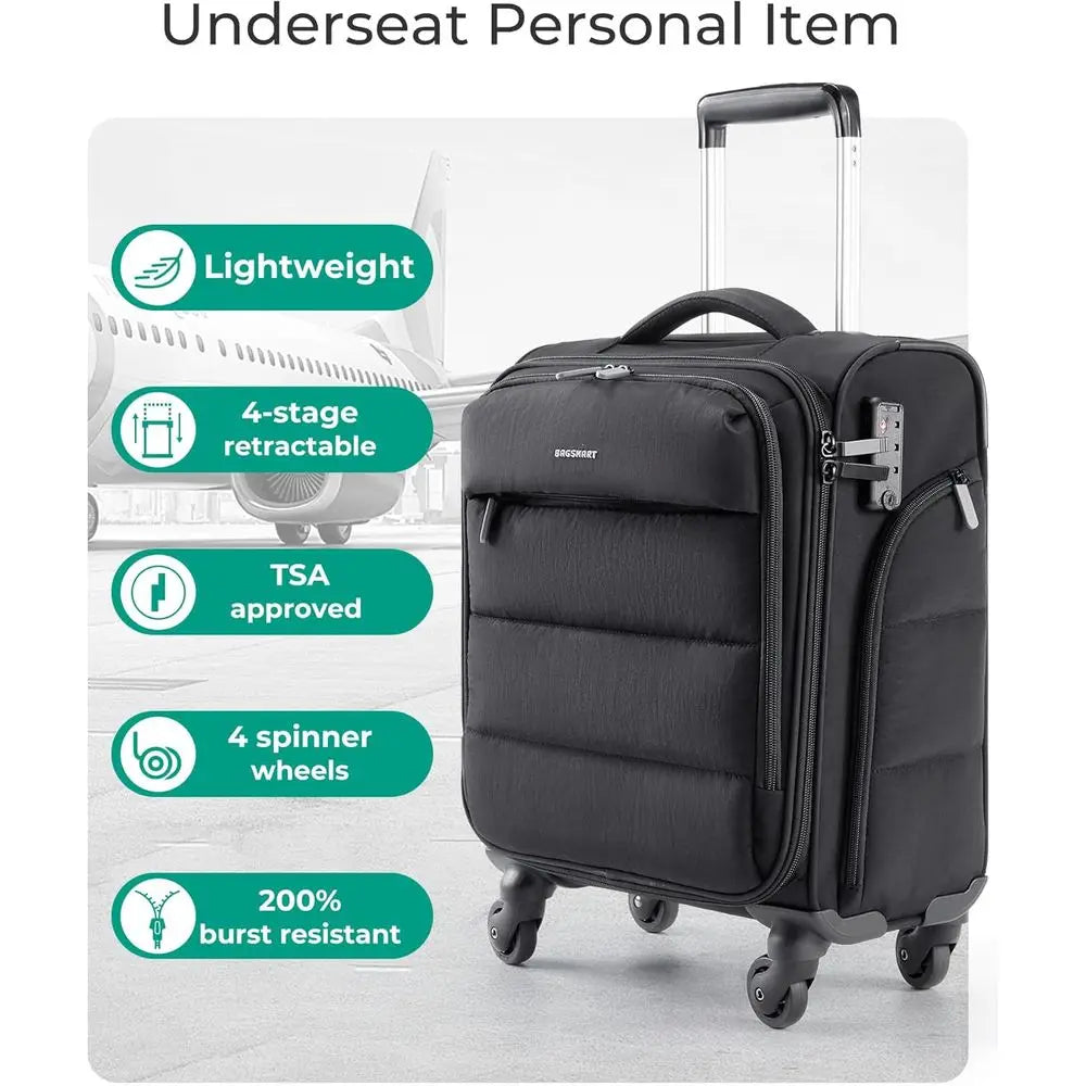 Compact Wheeled Underseat Carry-On Bag with PVC Wet/Dry Pockets, Lightweight Soft Suitcase for Short Trips, Black