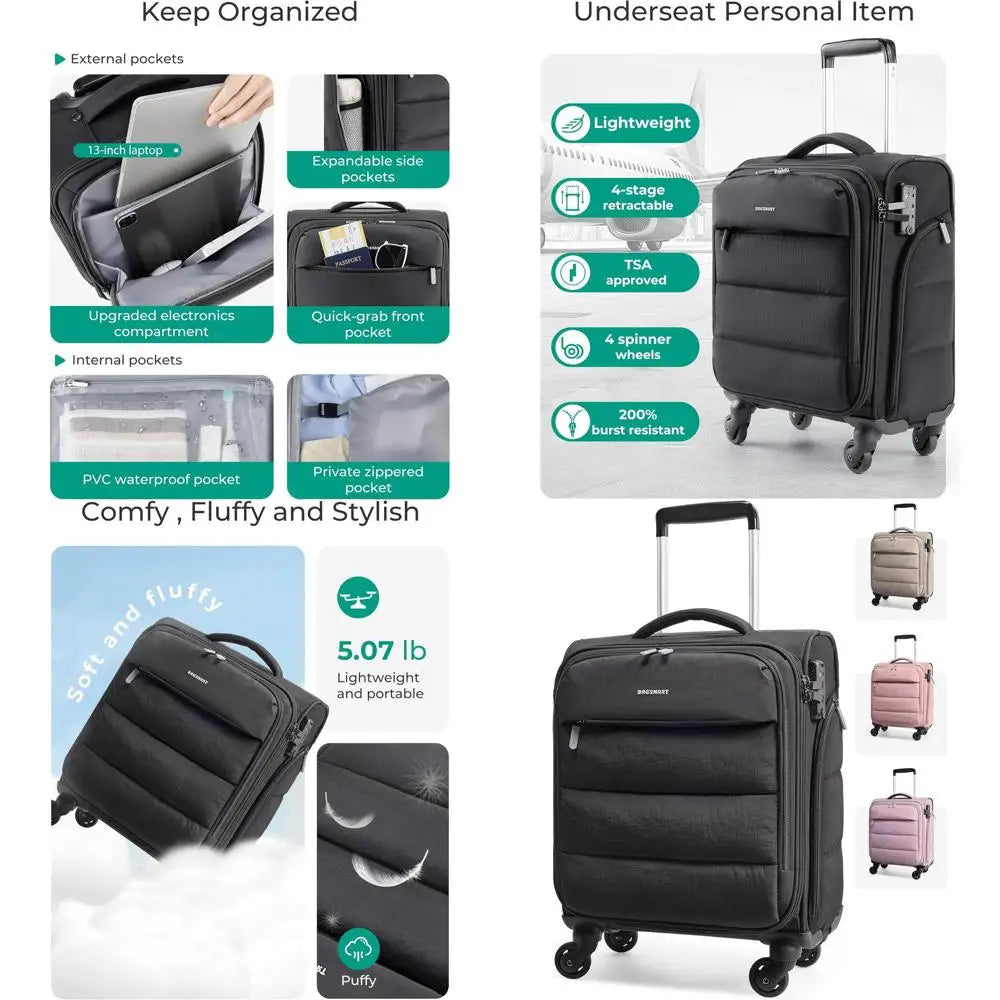 Compact Wheeled Underseat Carry-On Bag with PVC Wet/Dry Pockets, Lightweight Soft Suitcase for Short Trips, Black