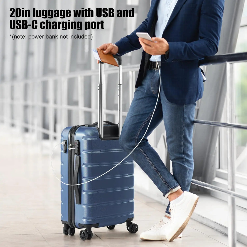 Coolife Luggage 3 Piece Set Suitcase Spinner ABS+PC Hardshell Lightweight TSA Lock USB Port, 20in 24in 28in Carry on Expanda