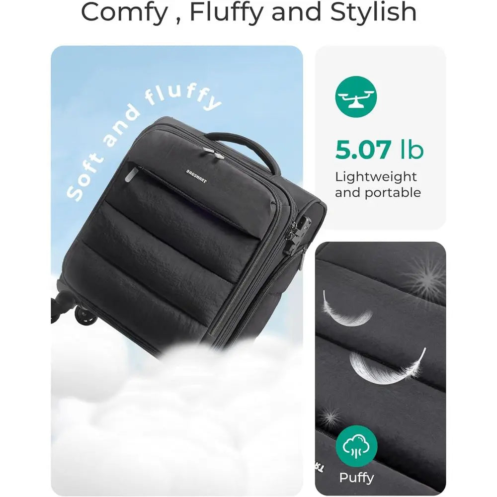 Compact Wheeled Underseat Carry-On Bag with PVC Wet/Dry Pockets, Lightweight Soft Suitcase for Short Trips, Black